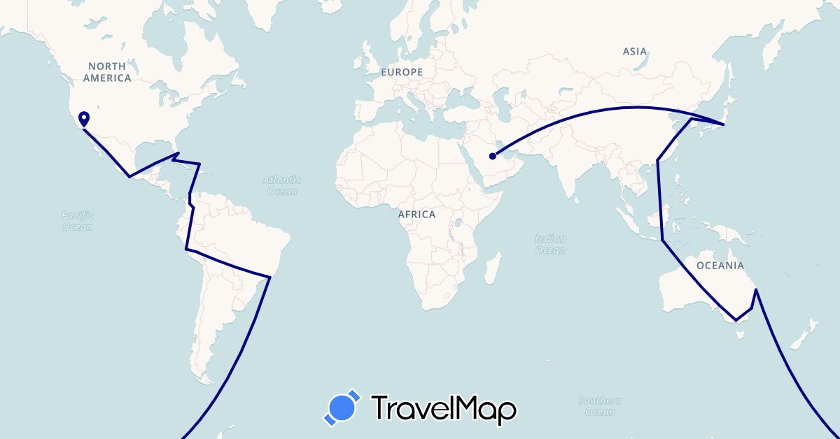 TravelMap itinerary: driving in Australia, Brazil, China, Colombia, Cuba, Indonesia, Japan, South Korea, Mexico, Peru, Saudi Arabia, Turks and Caicos Islands, United States (Asia, North America, Oceania, South America)